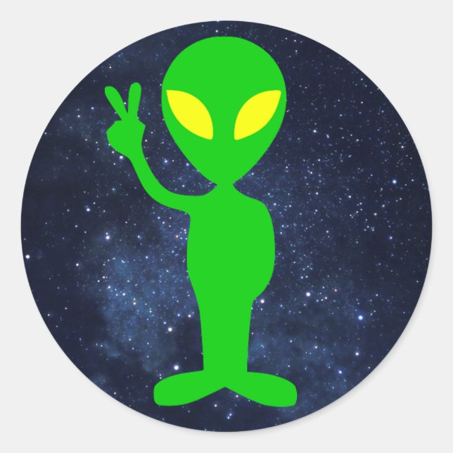 Pegatina Redonda signo de paz de alienígena verde (Anverso)