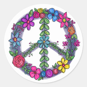 Pegatina Redonda Signo de paz de apoyo Flores antiguerra