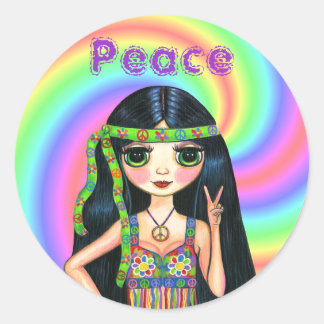 Pegatina Redonda Signo de paz de los años 60: Chica hippie con band