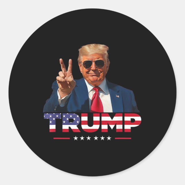 Pegatina Redonda Signo de paz de Trump con bandera de Estados Unido (Anverso)