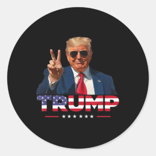 Pegatina Redonda Signo de paz de Trump con bandera de Estados Unido