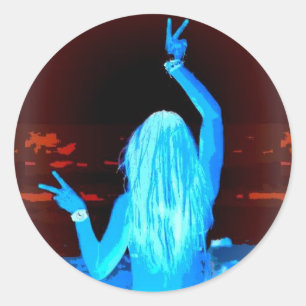 Pegatina Redonda signo de paz del chica hippie azul