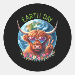 Pegatina Redonda Signo de paz del Día de la Tierra Cow Heifer Anima
