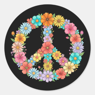 Pegatina Redonda Signo de Paz Floral Colorido Hippie Flor Retro