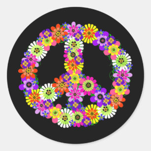 Pegatina Redonda Signo de paz floral sobre negro