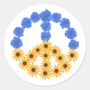 Pegatina Redonda Signo de paz girasoles amarillos flores cosmales a
