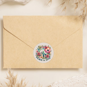 Pegatina Redonda Signo de paz retro "Paz y amor" de los 70 de porra