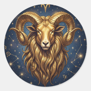 Pegatina Redonda Signo del zodiaco Aries Carnero Dorado y Estrellas