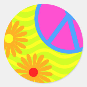 Pegatina Redonda Signo y flores hippie de paz de los años 70