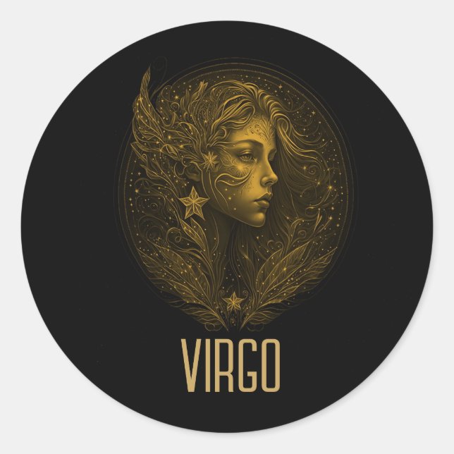 Pegatina Redonda Signo zodiaco clásico de Virgo Dorado negro (Anverso)