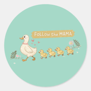 Pegatina Redonda Sigue a la familia Mama Cute Duck