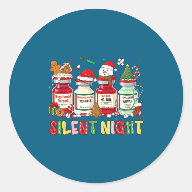 Pegatina Redonda Silent Night Funny Nurse Christmas Design Long Sle (Anverso)