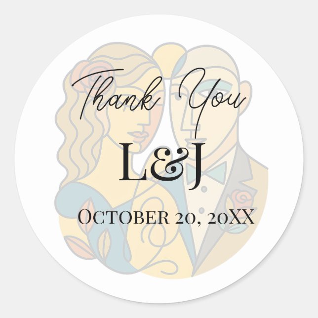 Pegatina Redonda Silhouette artística Destino Boda de Arte Moderno (Anverso)