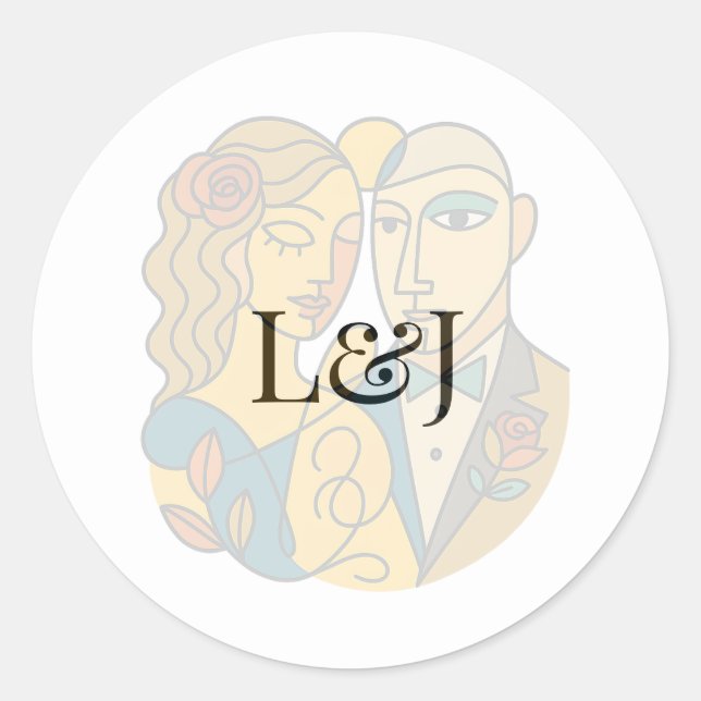 Pegatina Redonda Silhouette artística Destino Boda de Arte Moderno (Anverso)