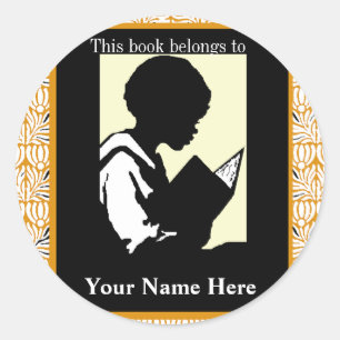 Pegatina Redonda Silhouette de Boy Reading ~ Bookplate