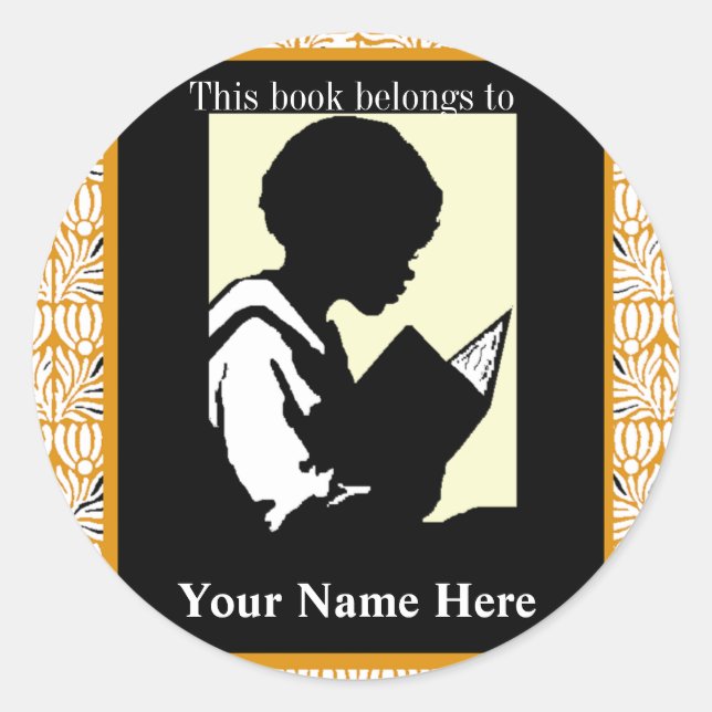 Pegatina Redonda Silhouette de Boy Reading ~ Bookplate (Anverso)