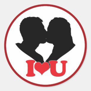 Pegatina Redonda Silhouette de Couple Kissing con "I ♥ U"