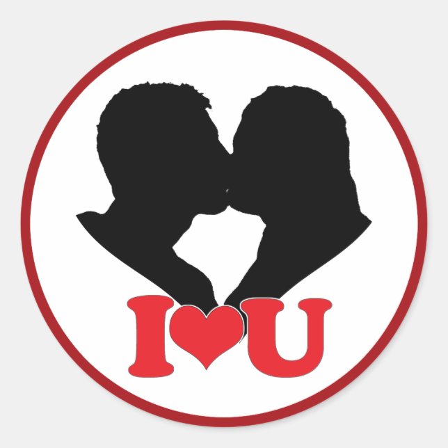 Pegatina Redonda Silhouette de Couple Kissing con "I ♥ U" (Anverso)