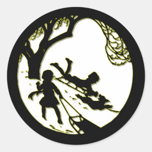 Pegatina Redonda Silhouette de niños durmiendo con su perro