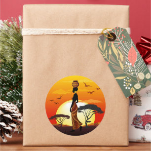 Pegatina Redonda Silhouette de una bella mujer africana sobre los S