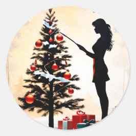 Pegatina Redonda Silhouette femenina con árbol de Navidad adornado