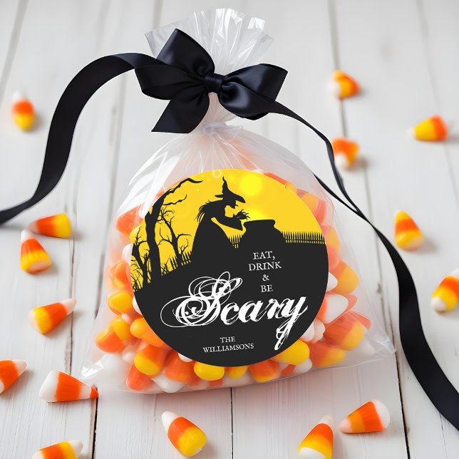 Pegatina Redonda Silhouette Halloween (Wicked witch silhouette Halloween theme round stickers, 3" or 1-1/2" sizes available)