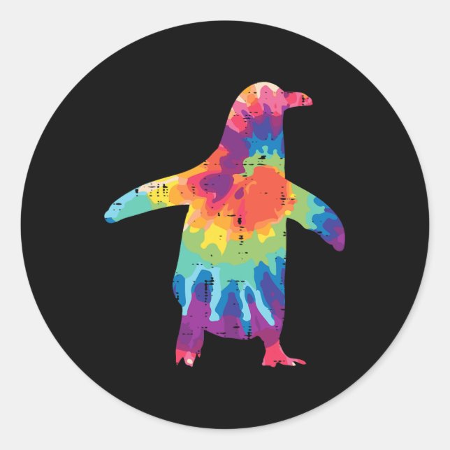 Pegatina Redonda Silhouette Pingüino Tie Dye Retro Groovy Hippie Ho (Anverso)