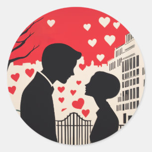 Pegatina Redonda Silhouette romántica Pareja Corazones de paisajes 