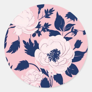 Pegatina Redonda Silhouettes de flores románticas rosadas