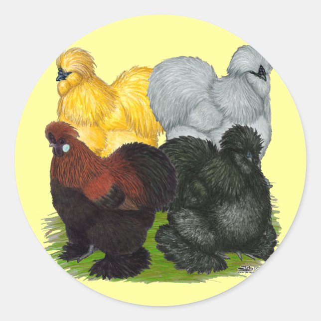Pegatina Redonda Silkies: Gallos variados (Anverso)