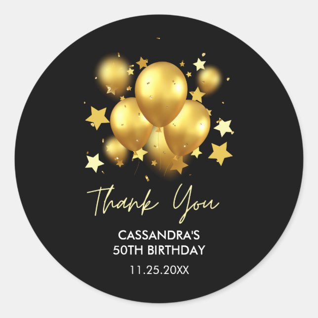 Pegatina Redonda Silky Golden Balloons Stars Black Birday (Anverso)