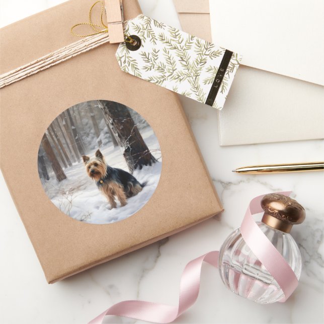 Pegatina Redonda Silky Terrier deja que nieve Navidades (Regalar)