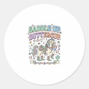Pegatina Redonda Silla de unicornio Buttercup Kawaii Tipografía Des