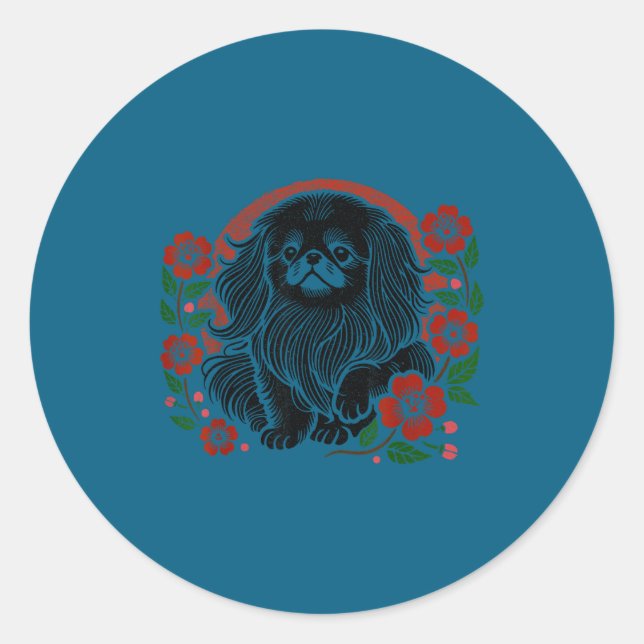 Pegatina Redonda Silly Cherry Pekingese Blossoms Floral Dog Japanes (Anverso)