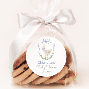 Pegatina Redonda Silly Goose Blue bow baby ducha Gracias