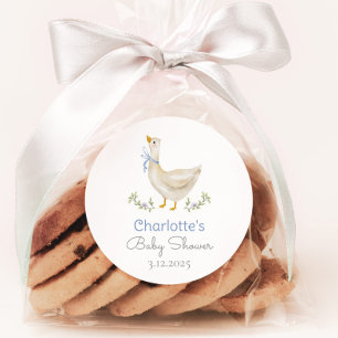 Pegatina Redonda Silly Goose Blue bow baby ducha Gracias