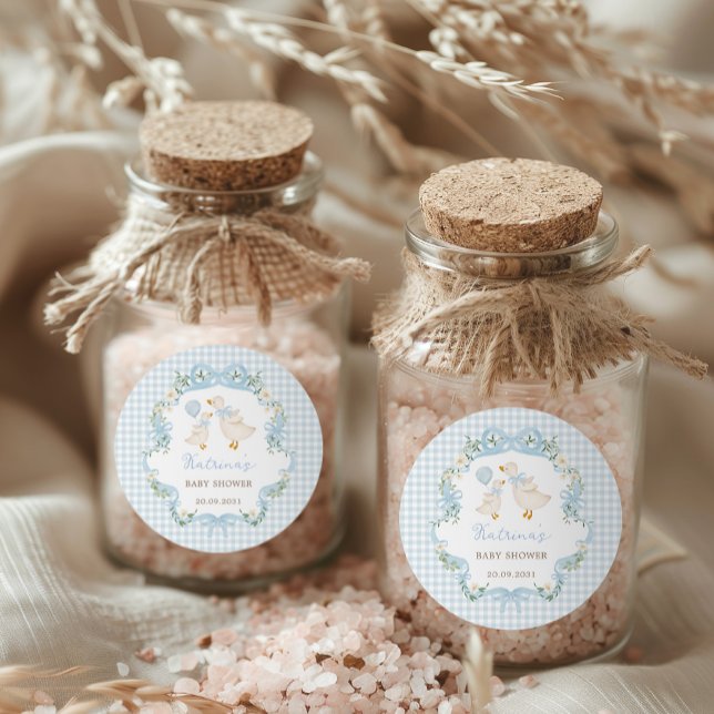 Pegatina Redonda Silly Goose Blue Bow Floral Boy Baby Shower (Subido por el creador)