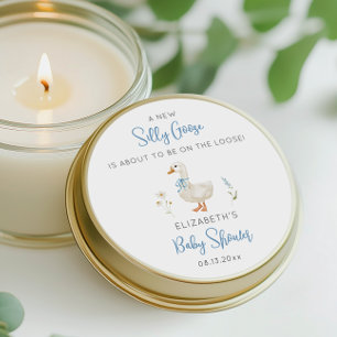 Pegatina Redonda Silly Goose Blue Bow Wildflower Boy Baby Shower
