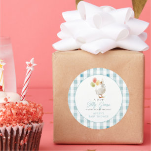 Pegatina Redonda Silly Goose Blue Gingham Boy Baby Shower