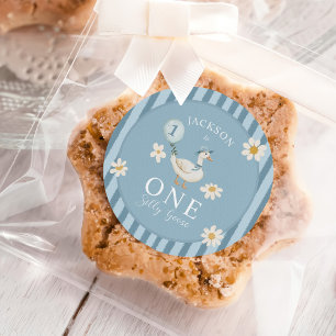 Pegatina Redonda Silly Goose Daisy Boy Fiesta de primer cumpleaños