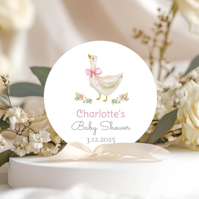 Pegatina Redonda Silly Goose en el suelto Baby Shower de Bow Rosado (Subido por el creador)
