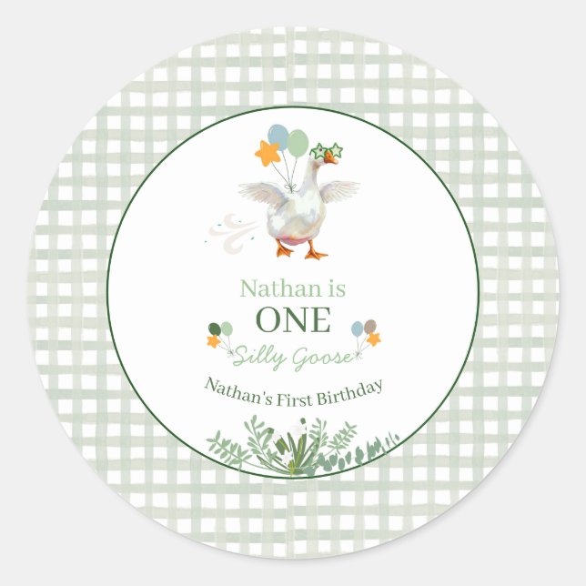 Pegatina Redonda Silly Goose First Birthday Green (Anverso)