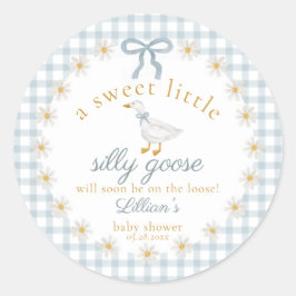Pegatina Redonda Silly Goose Flower Bow Baby Shower Blue Gingham 