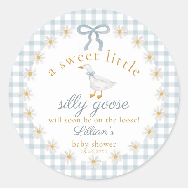 Pegatina Redonda Silly Goose Flower Bow Baby Shower Blue Gingham  (Anverso)