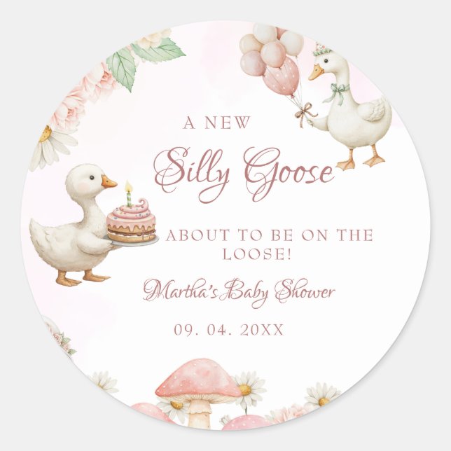 Pegatina Redonda Silly Goose Flower Garden Baby Shower (Anverso)