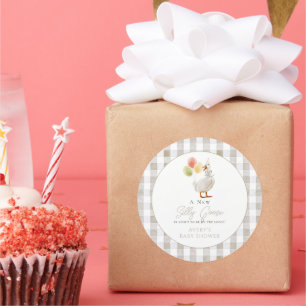 Pegatina Redonda Silly Goose Greige Gingham Baby Shower