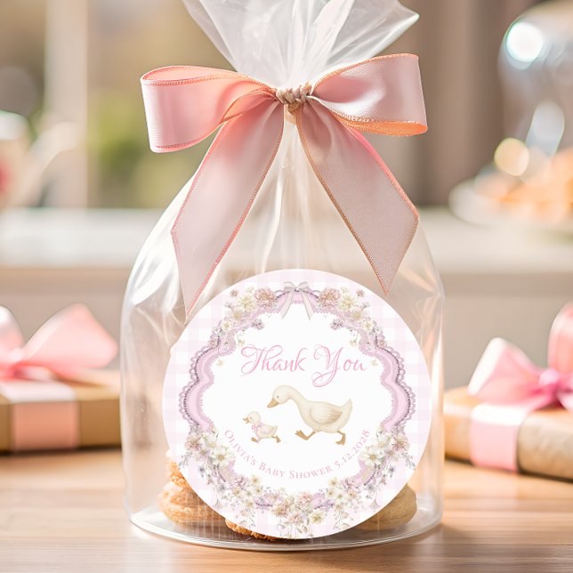 Pegatina Redonda Silly Goose Pink Gingham Baby Shower Thank You (Subido por el creador)
