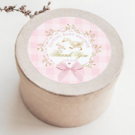 Pegatina Redonda Silly Goose Pink Gingham Bow Baby Shower Thank you