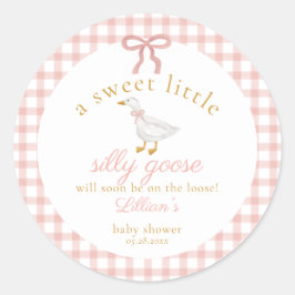 Pegatina Redonda Silly Goose Pink Gingham Cottagecore Baby Shower
