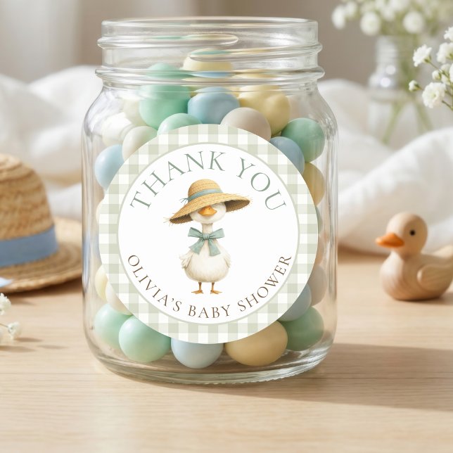 Pegatina Redonda Silly Goose Sage Gingham Thank You Baby Shower  (Subido por el creador)